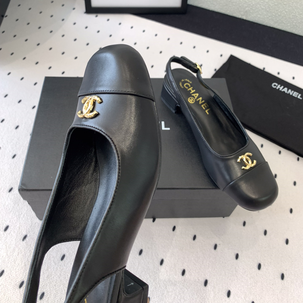 高仿Chanel*G45768B圓頭露跟單鞋小牛皮黑色3.5CM免檢版