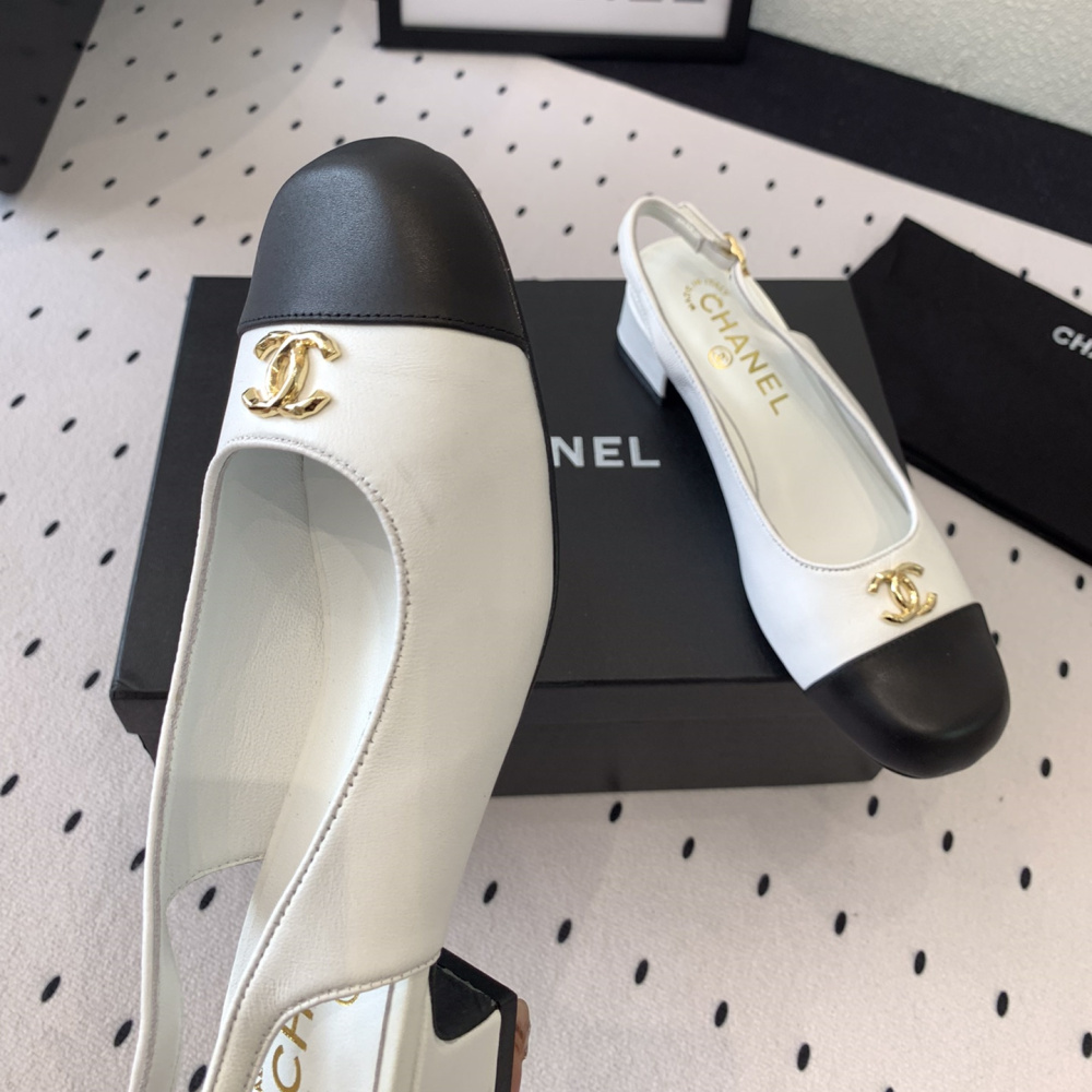 高仿Chanel*G45768C圓頭露跟單鞋小牛皮白色3.5CM免檢版
