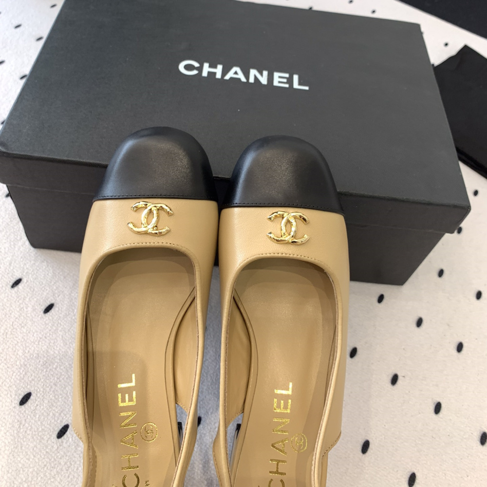 高仿Chanel*G45768D圓頭露跟單鞋小牛皮黃色3.5CM免檢版