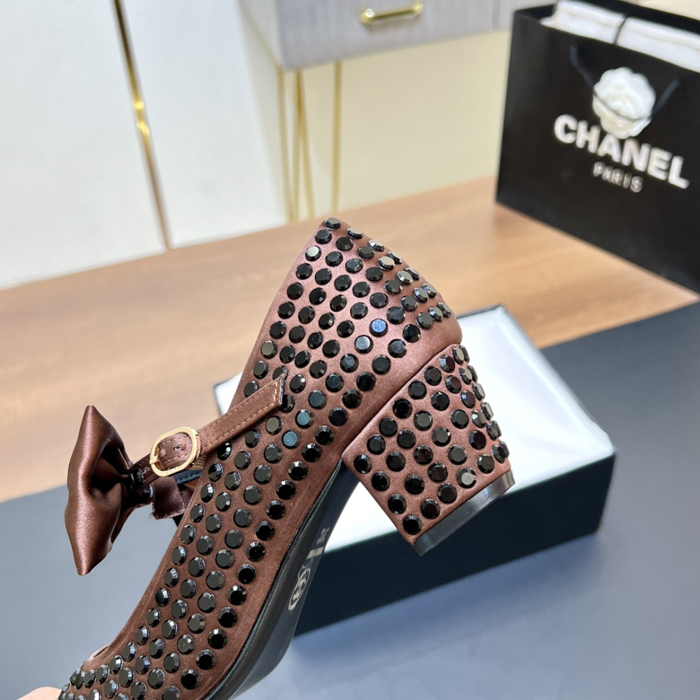 高仿Chanel*G45749D緞子水鑽圓頭單鞋玫瑰金4.5CM免檢版