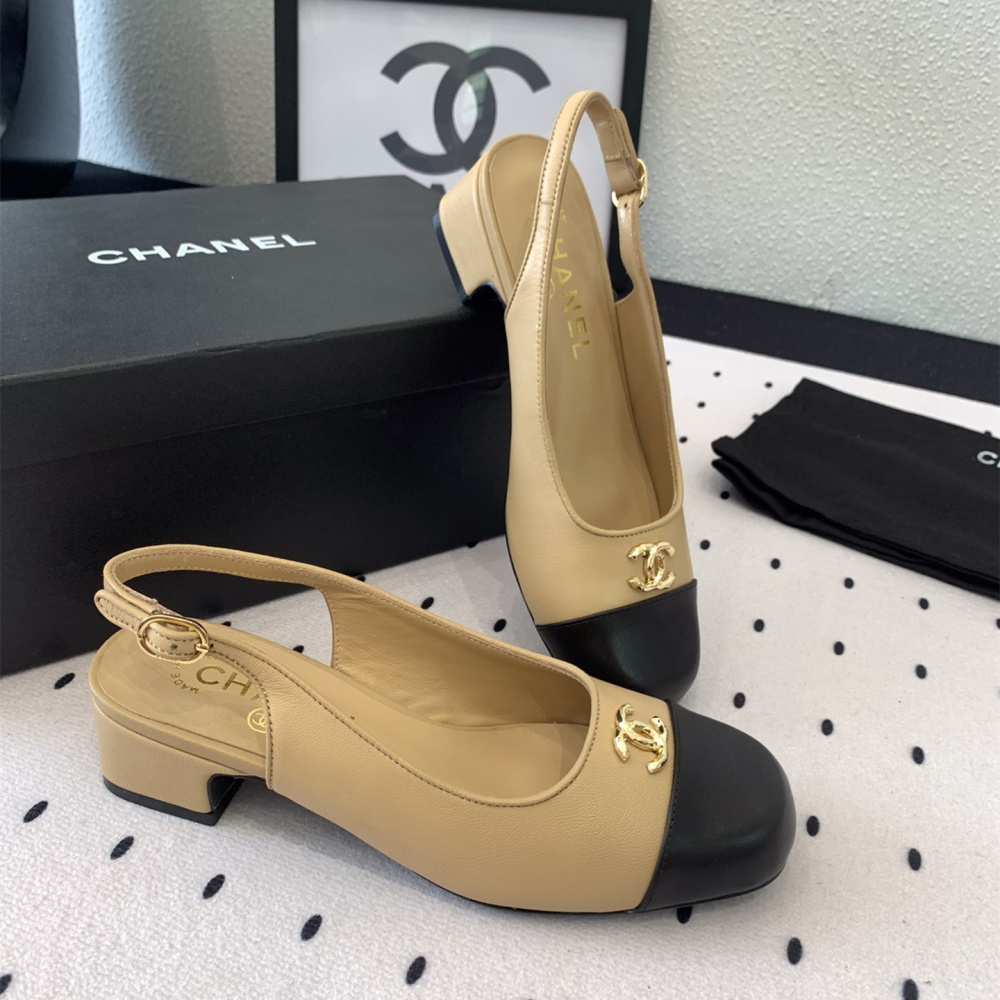 高仿Chanel*G45768D圓頭露跟單鞋小牛皮黃色3.5CM免檢版