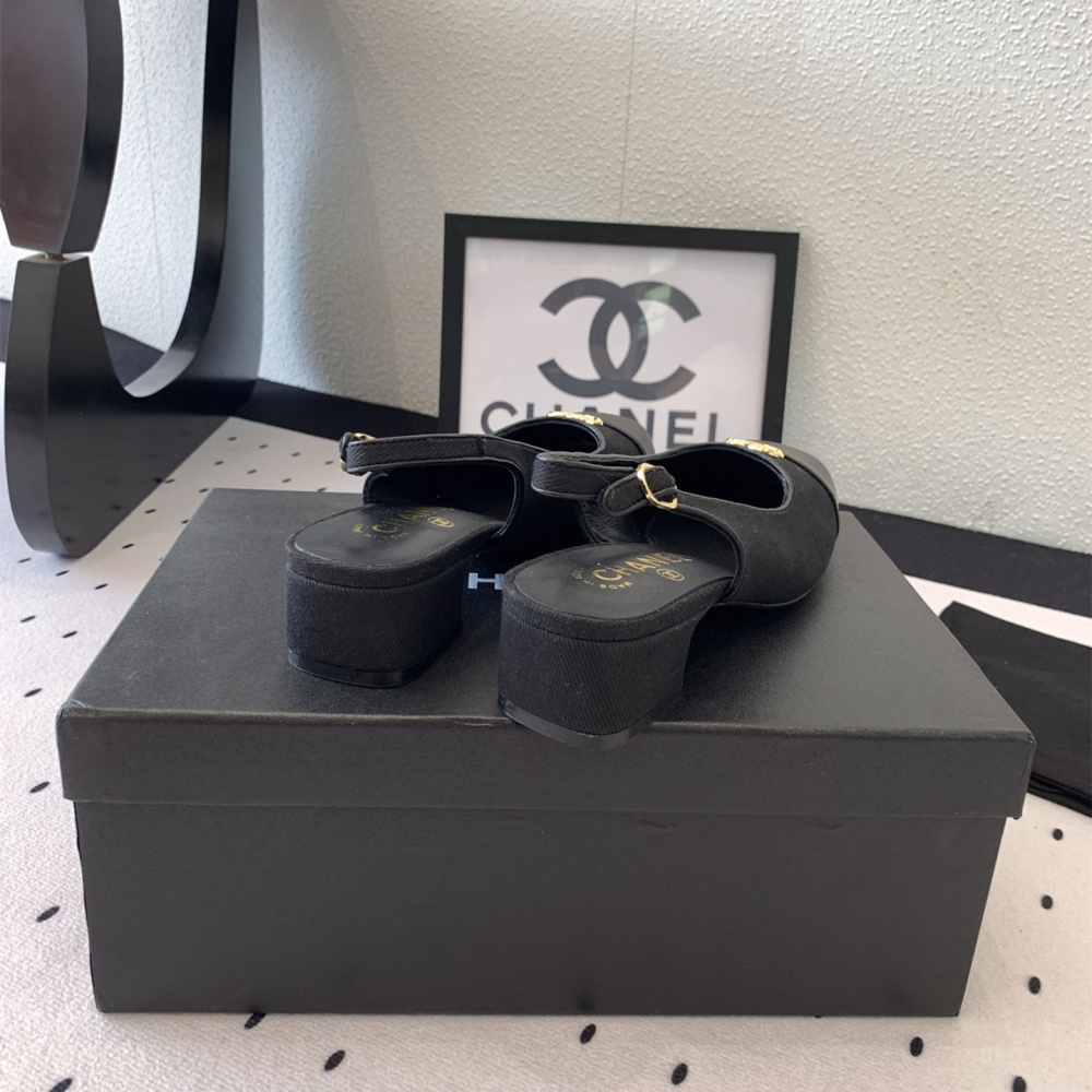 高仿Chanel*G45768A圓頭露跟單鞋織物黑色3.5CM免檢版