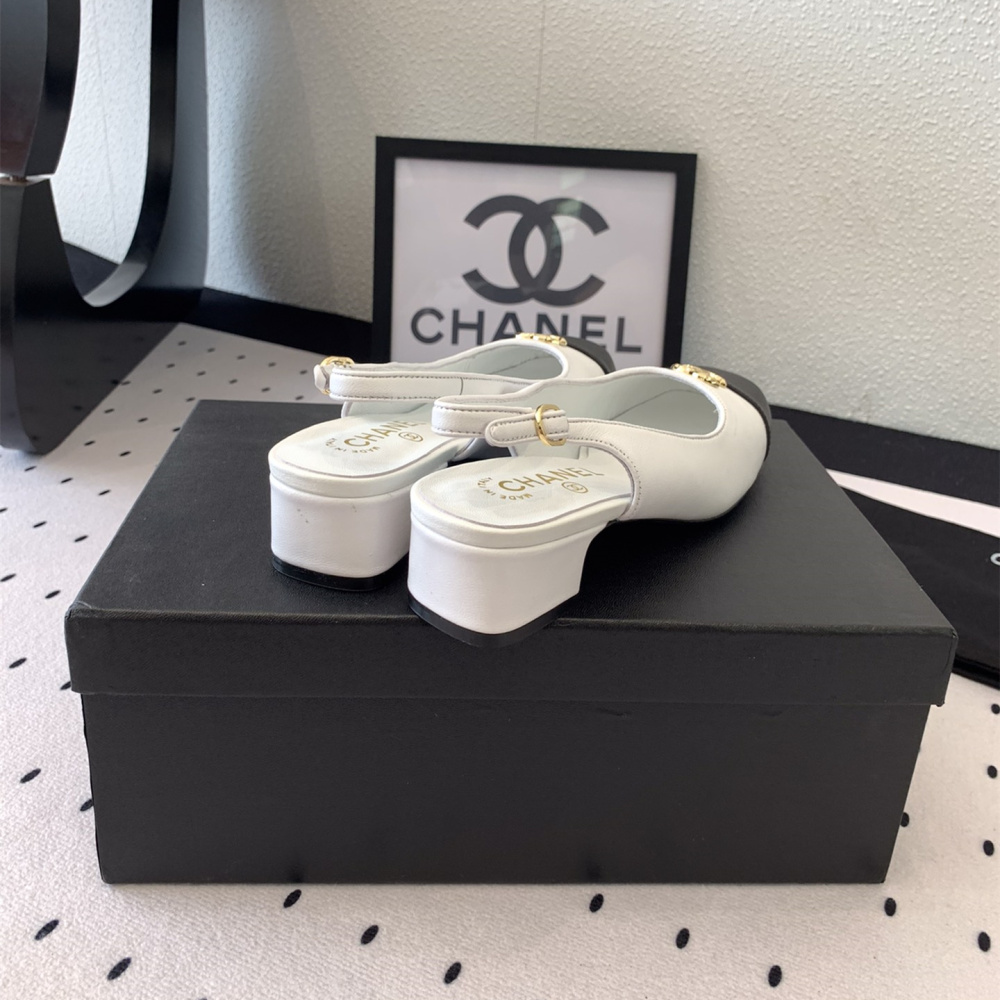高仿Chanel*G45768C圓頭露跟單鞋小牛皮白色3.5CM免檢版
