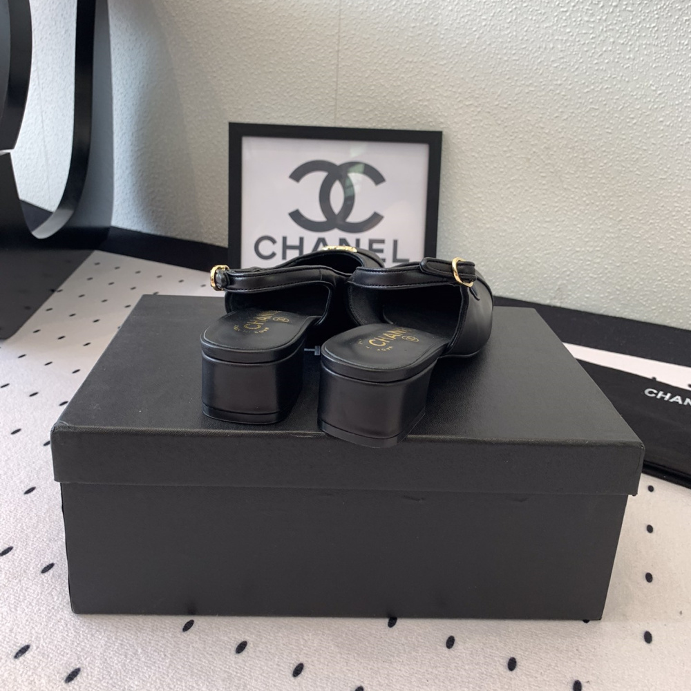 高仿Chanel*G45768B圓頭露跟單鞋小牛皮黑色3.5CM免檢版