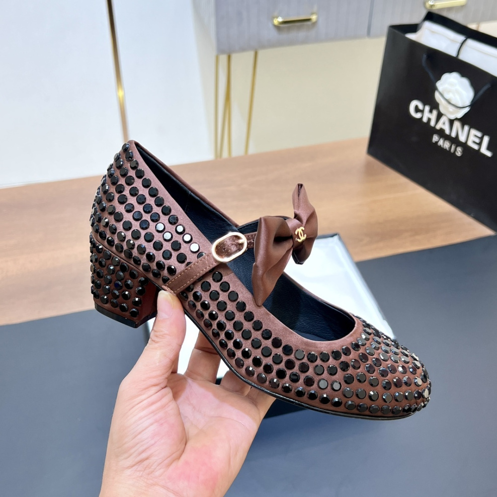高仿Chanel*G45749D緞子水鑽圓頭單鞋玫瑰金4.5CM免檢版