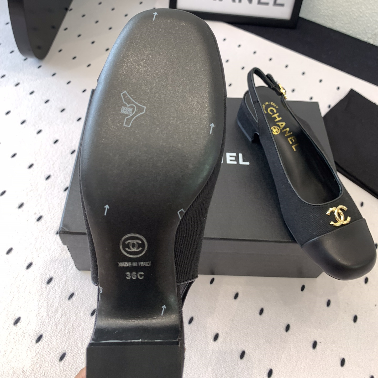 高仿Chanel*G45768A圓頭露跟單鞋織物黑色3.5CM免檢版