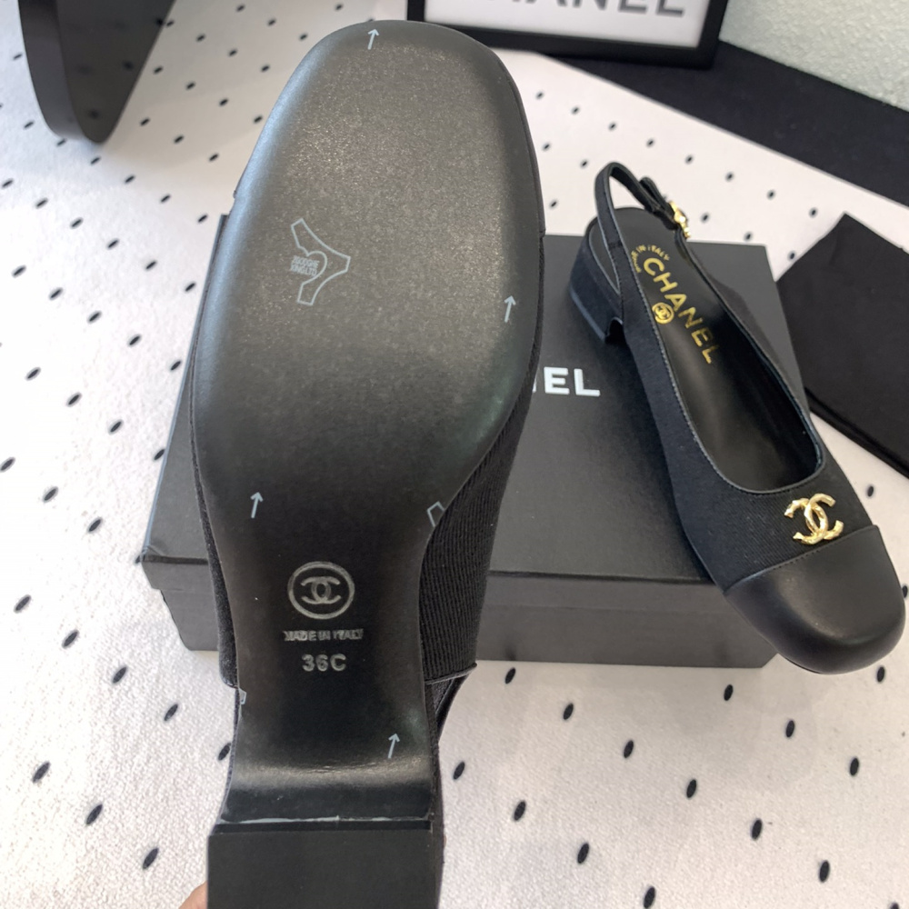 高仿Chanel*G45768A圓頭露跟單鞋織物黑色3.5CM免檢版