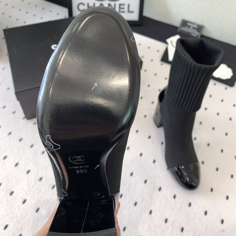 高仿Chanel*G40134Z漆皮織物套筒短靴黑色8CM免檢版
