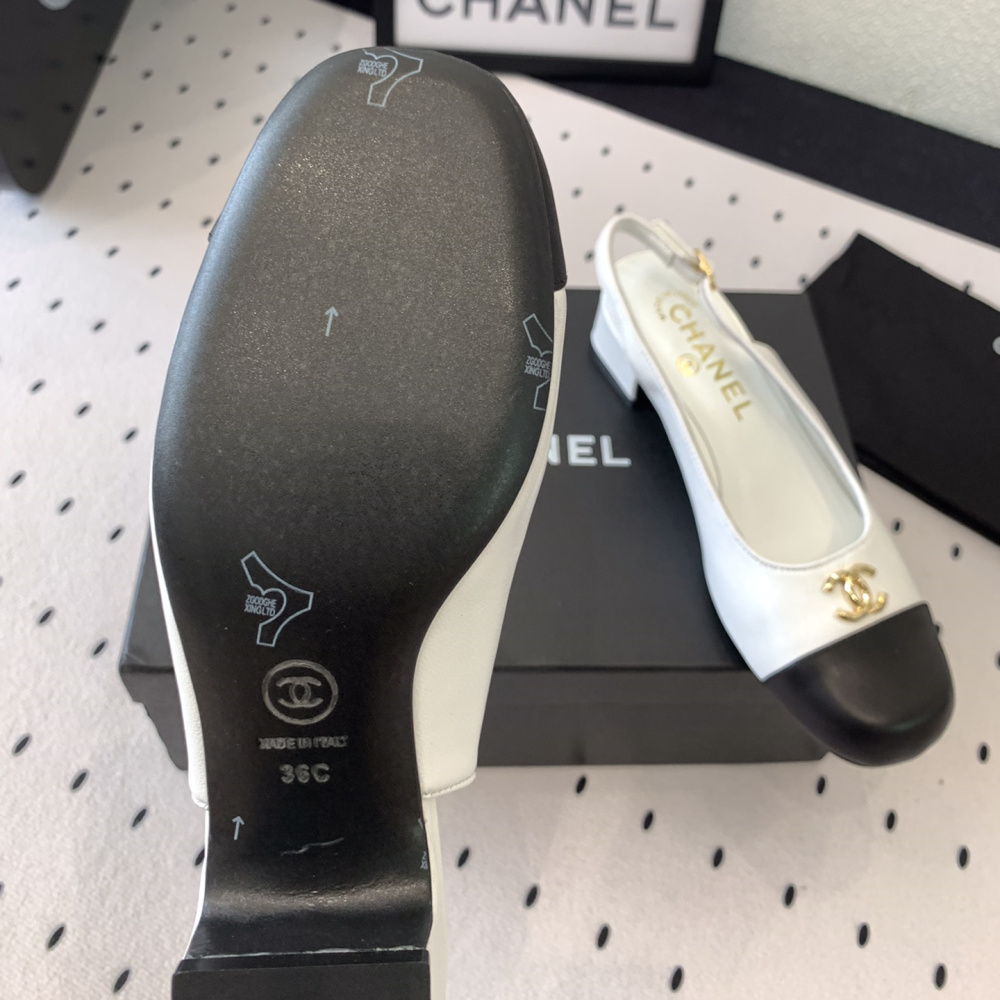 高仿Chanel*G45768C圓頭露跟單鞋小牛皮白色3.5CM免檢版