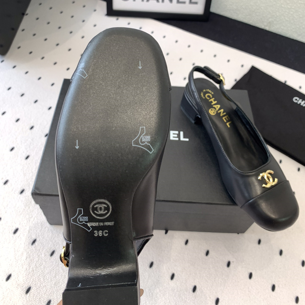 高仿Chanel*G45768B圓頭露跟單鞋小牛皮黑色3.5CM免檢版