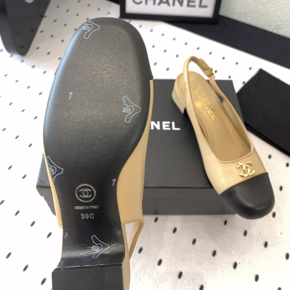 高仿Chanel*G45768D圓頭露跟單鞋小牛皮黃色3.5CM免檢版