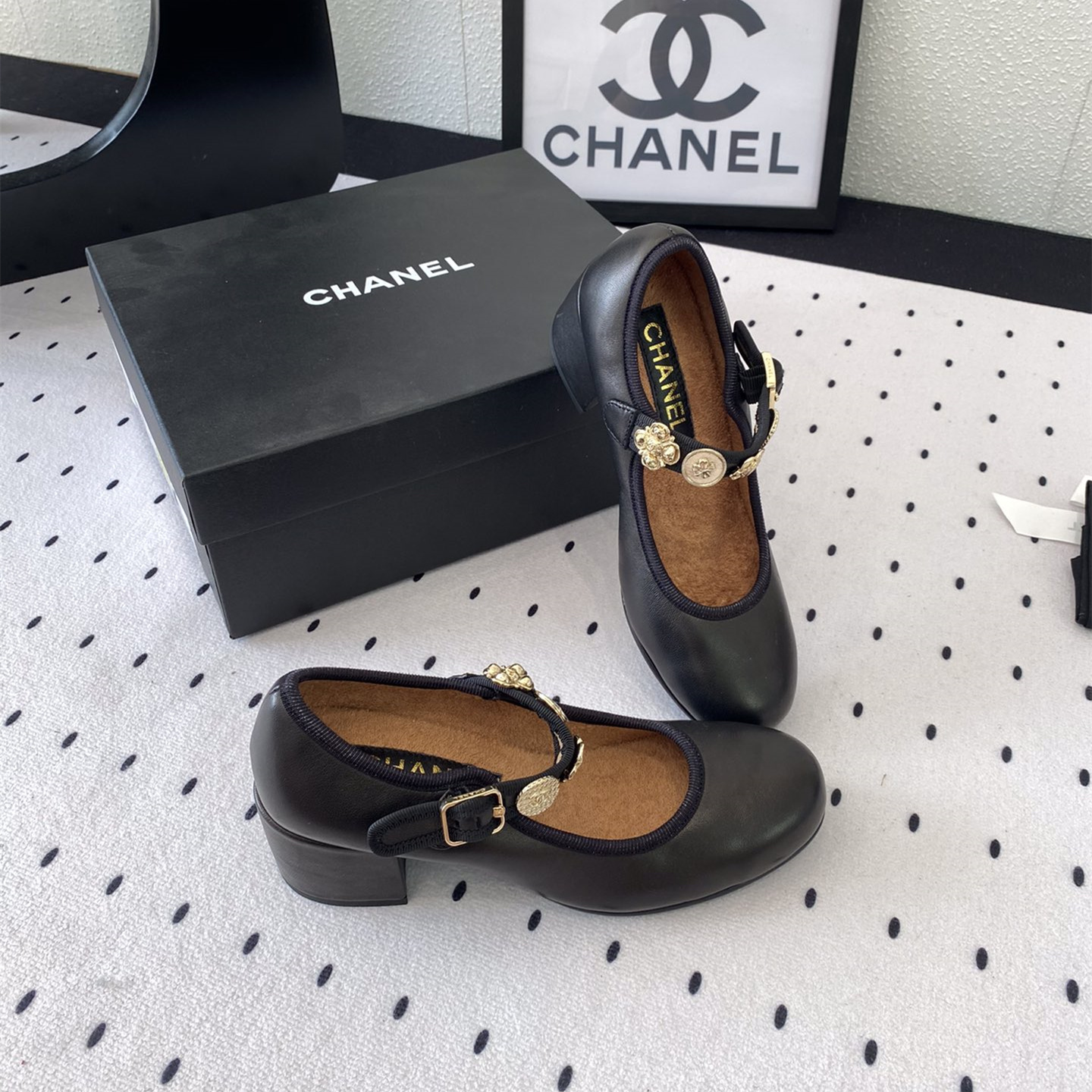 高仿Chanel*G45778X圓頭塔扣芭蕾舞鞋黑色免檢版