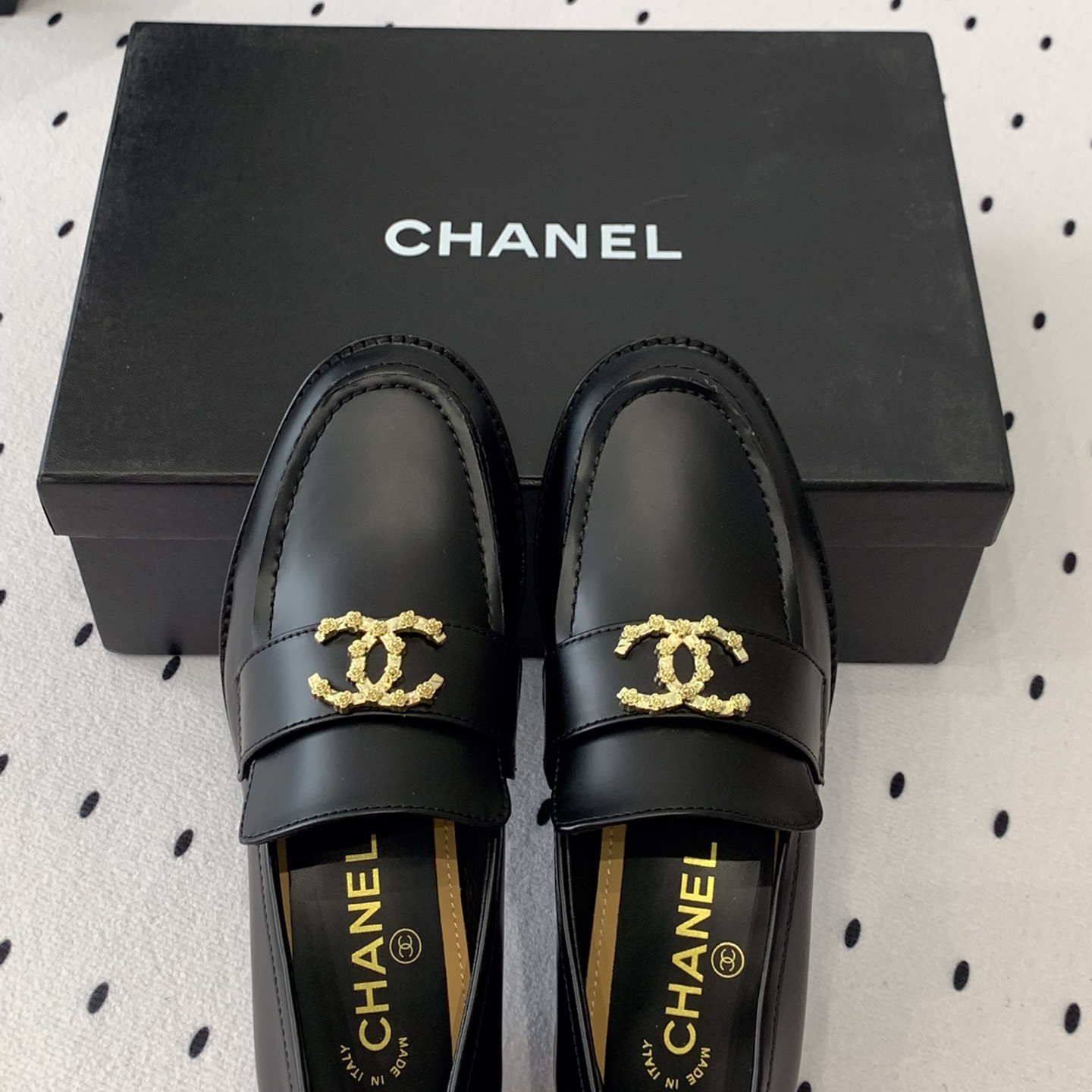 高仿Chanel*24S系列G45663B牛皮革樂福鞋黑色3CM免檢版