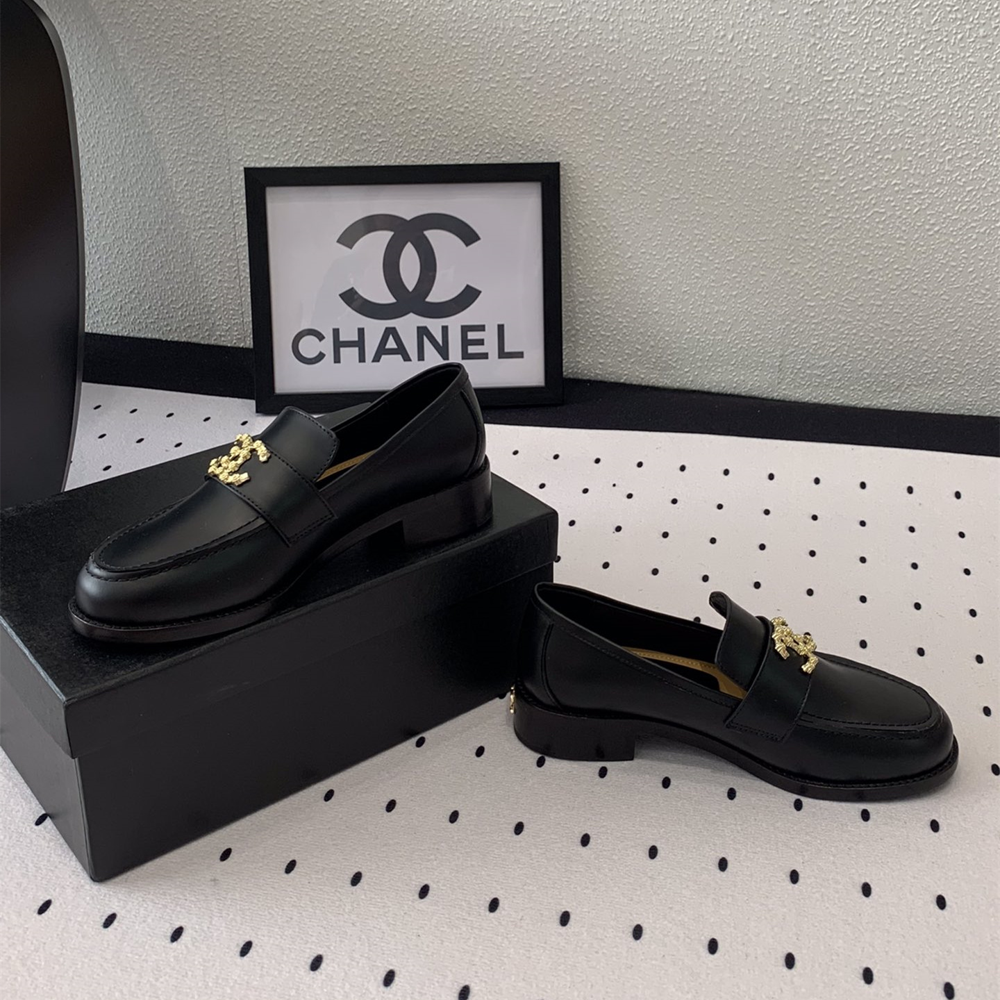 高仿Chanel*24S系列G45663B牛皮革樂福鞋黑色3CM免檢版
