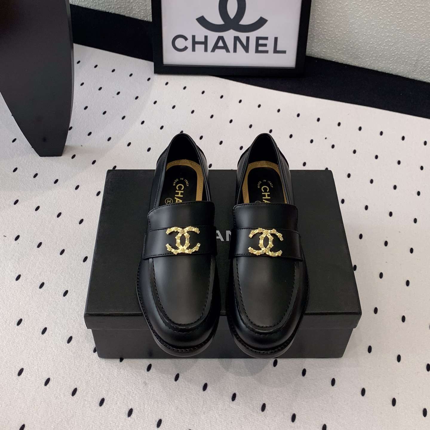 高仿Chanel*24S系列G45663B牛皮革樂福鞋黑色3CM免檢版