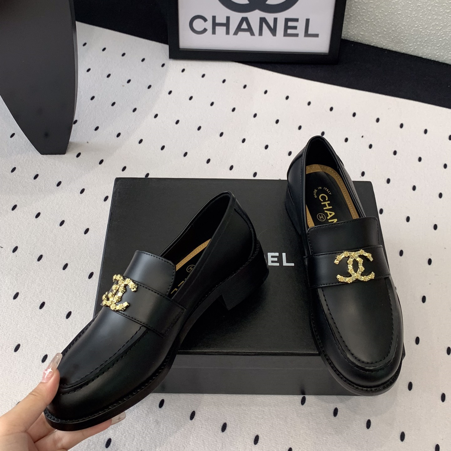 高仿Chanel*24S系列G45663B牛皮革樂福鞋黑色3CM免檢版