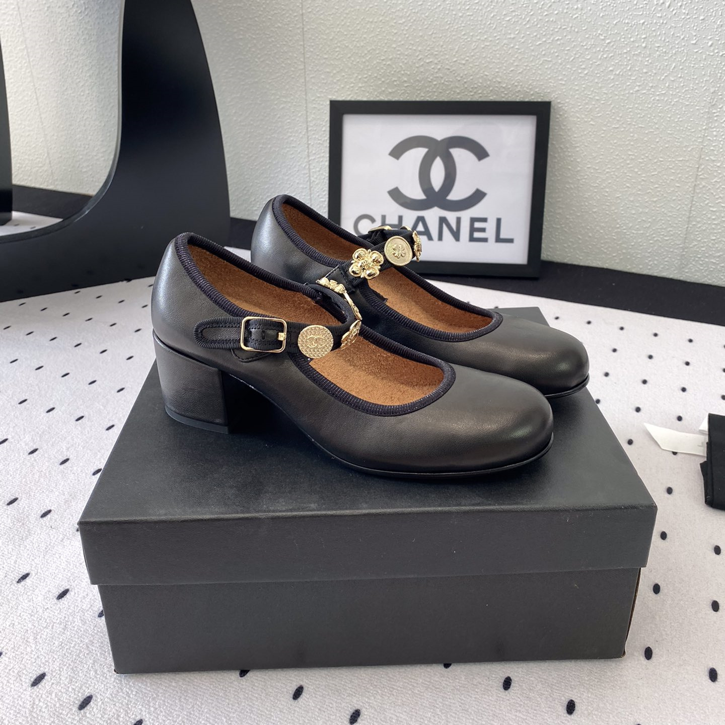 高仿Chanel*G45778X圓頭塔扣芭蕾舞鞋黑色免檢版