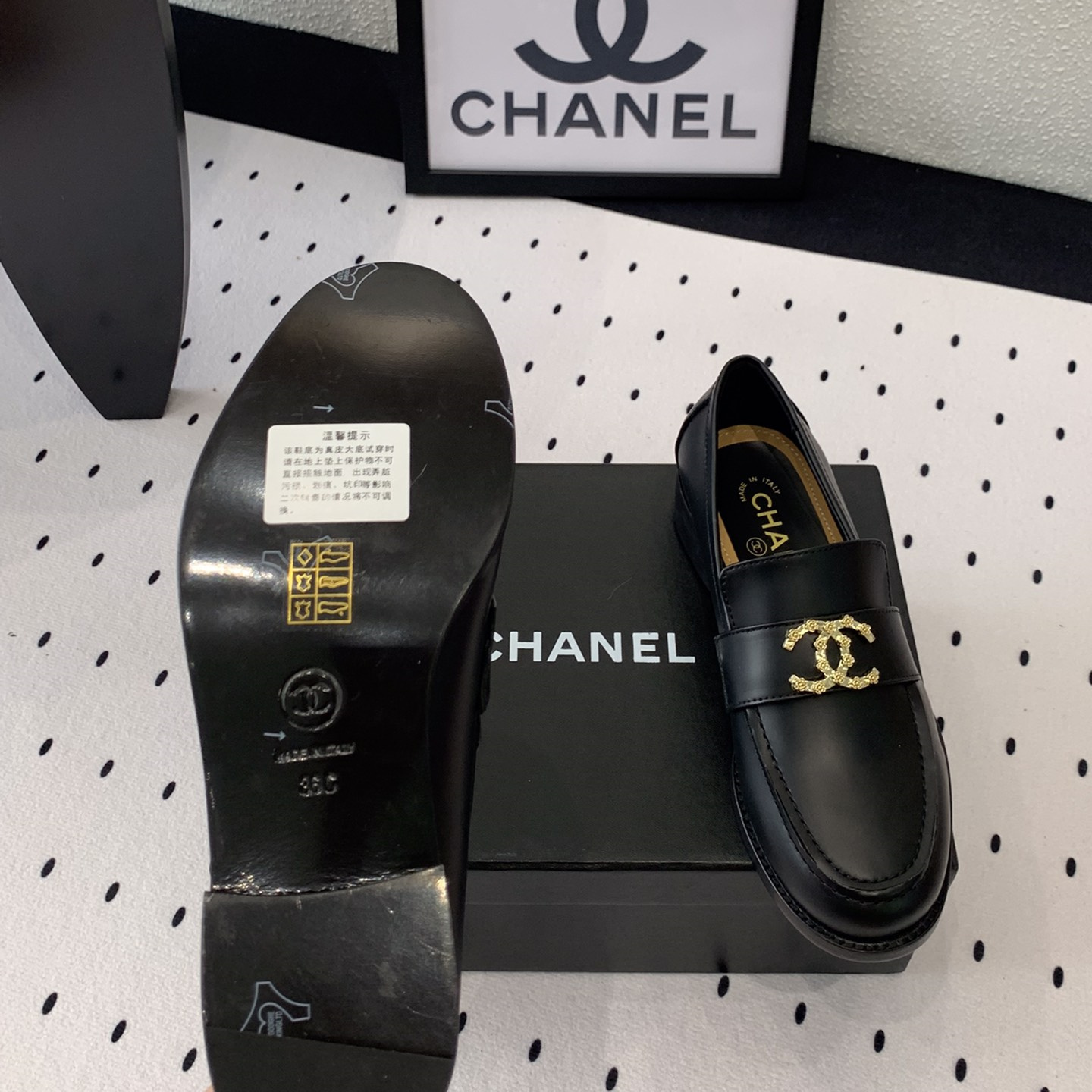 高仿Chanel*24S系列G45663B牛皮革樂福鞋黑色3CM免檢版