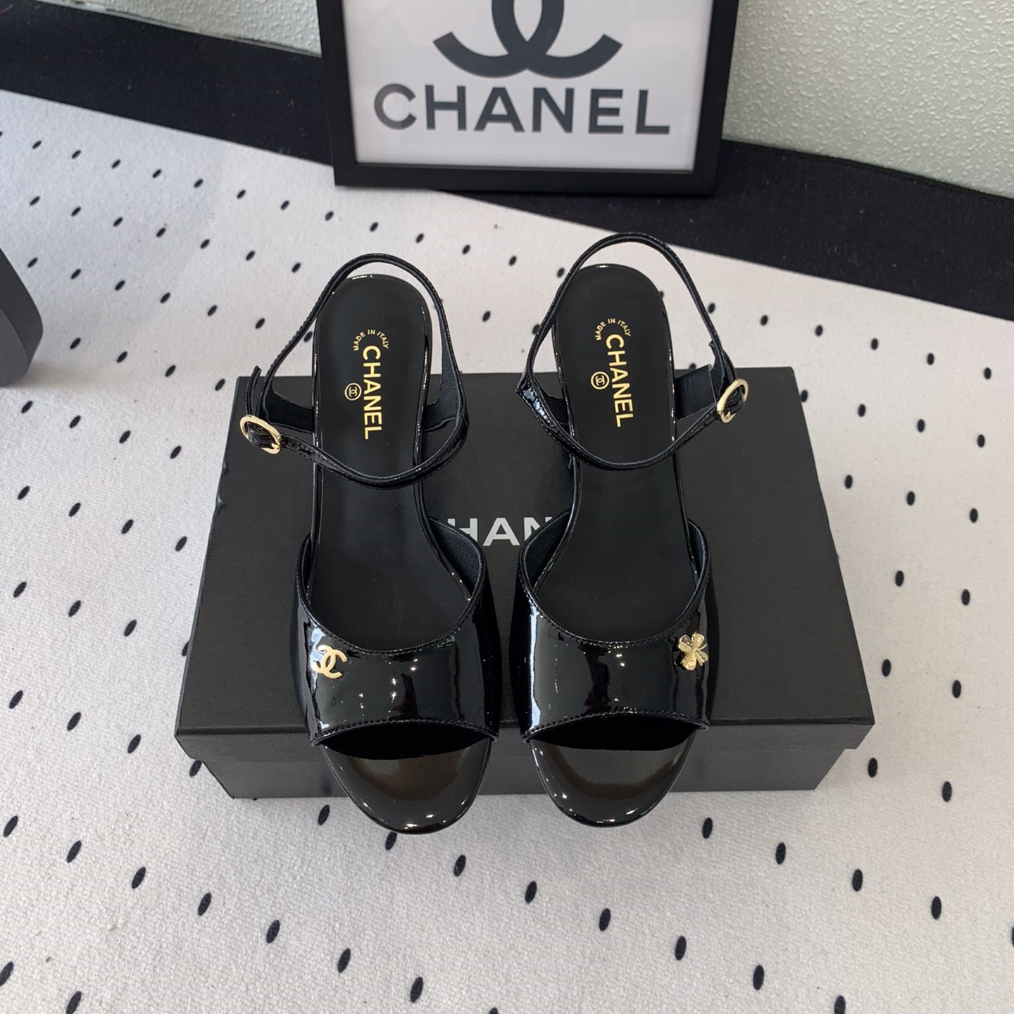 高仿Chanel*G45723B魚嘴高踭鞋漆皮黑色5.5CM免檢版