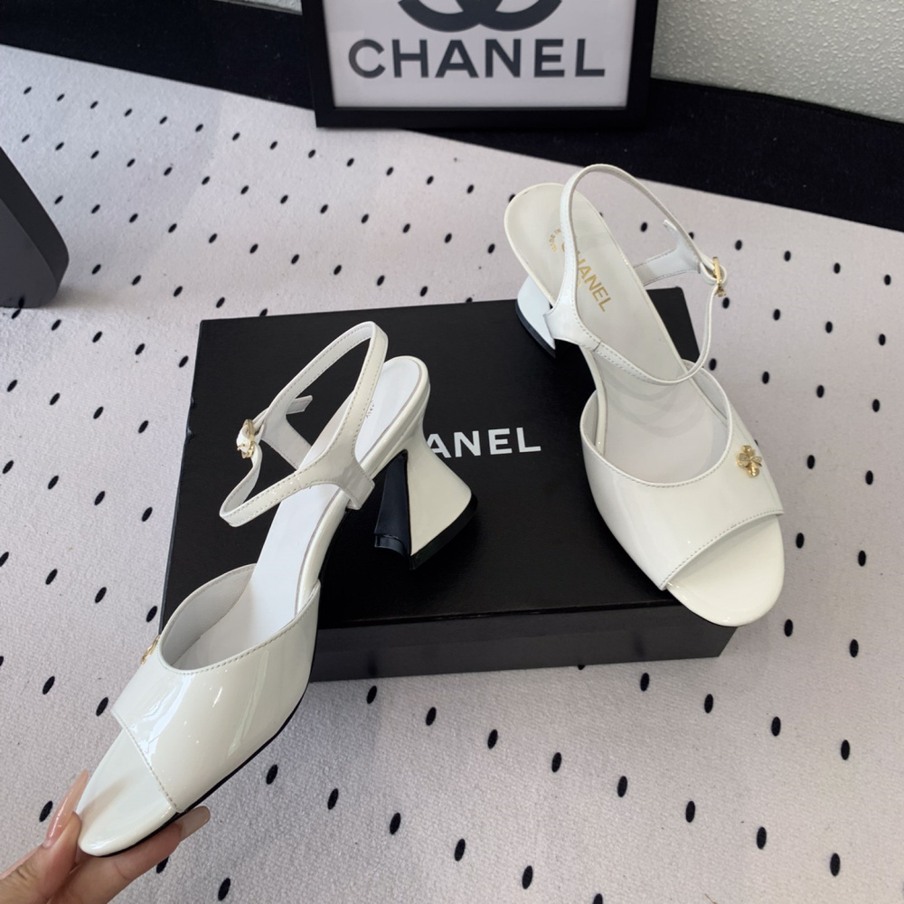 高仿Chanel*G45723A魚嘴高踭鞋漆皮白色5.5CM免檢版