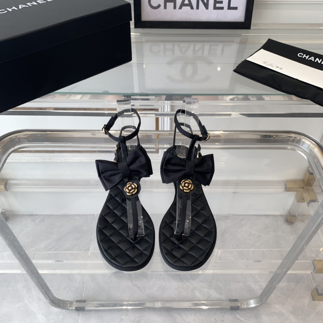 高仿Chanel*24S系列G45535X露趾蝴蝶結涼鞋黑色免檢版