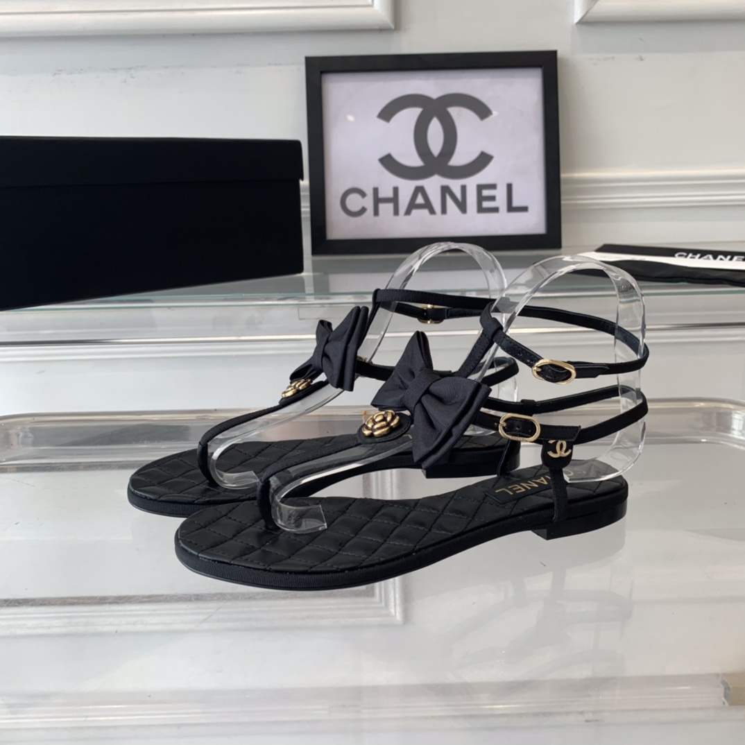 高仿Chanel*24S系列G45535X露趾蝴蝶結涼鞋黑色免檢版
