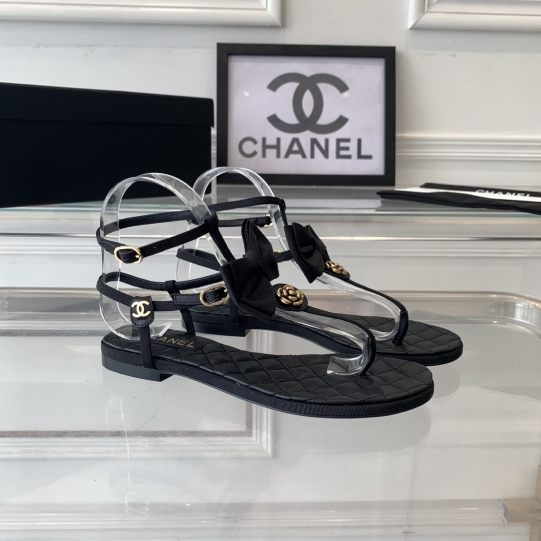 高仿Chanel*24S系列G45535X露趾蝴蝶結涼鞋黑色免檢版