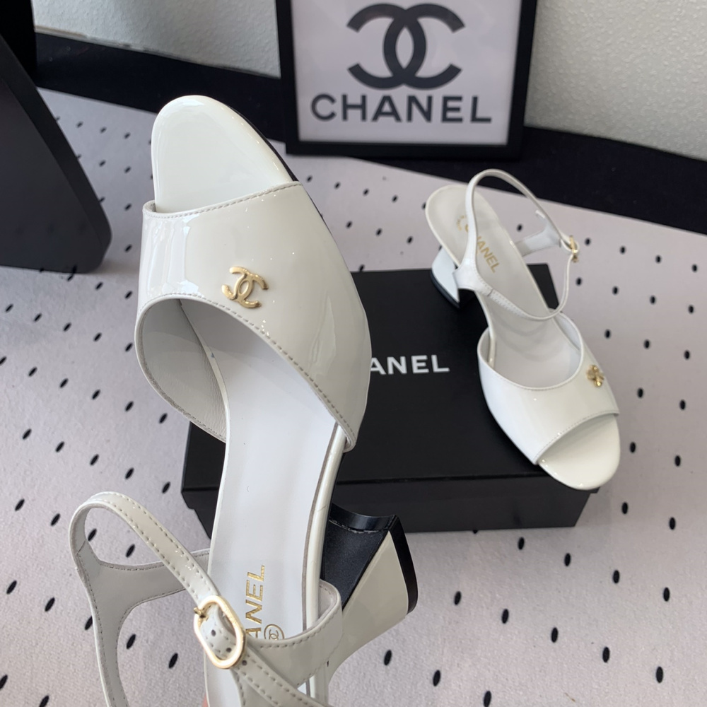 高仿Chanel*G45723A魚嘴高踭鞋漆皮白色5.5CM免檢版