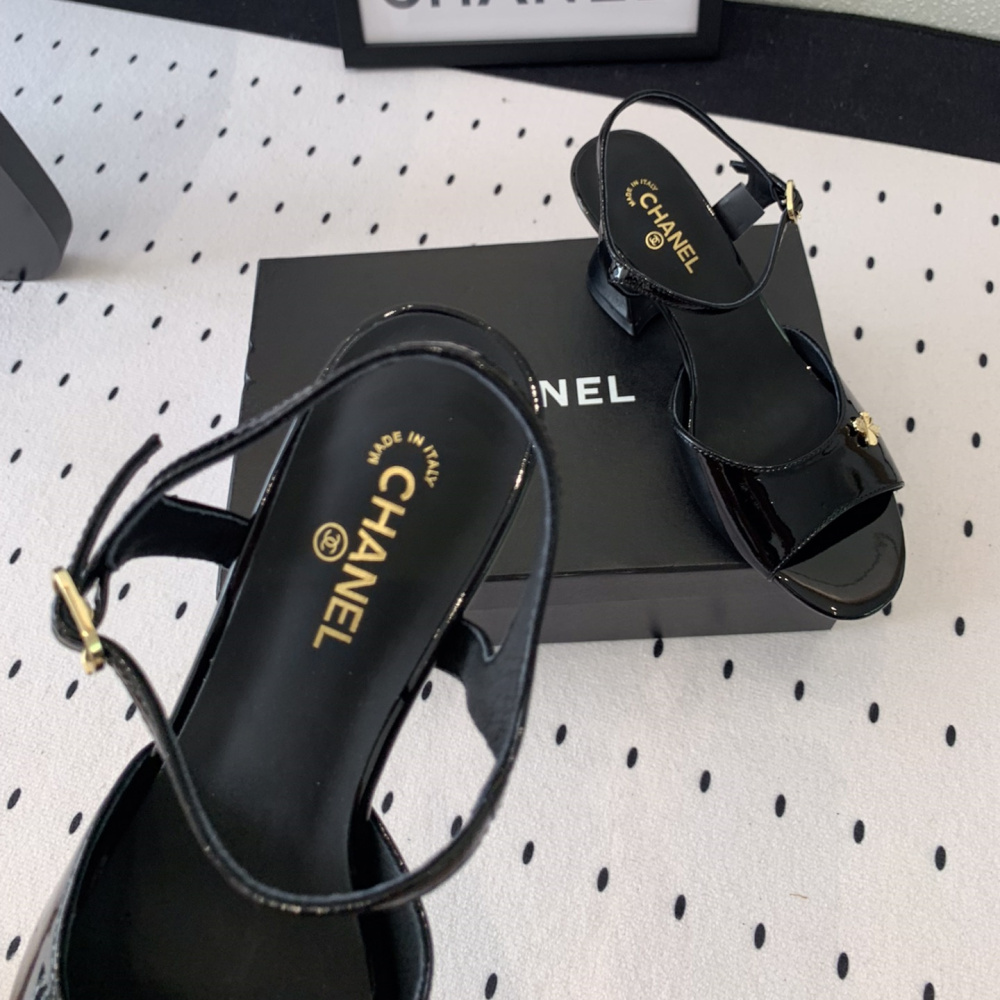 高仿Chanel*G45723B魚嘴高踭鞋漆皮黑色5.5CM免檢版