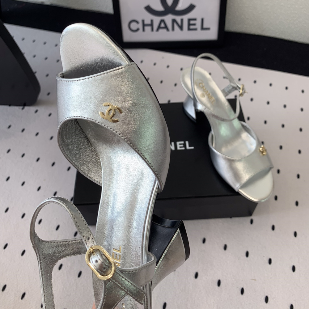 高仿Chanel*G45723D魚嘴高踭鞋漆皮銀色5.5CM免檢版