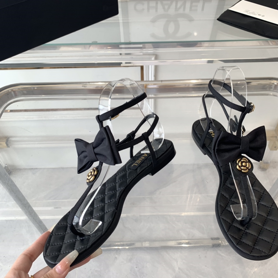 高仿Chanel*24S系列G45535X露趾蝴蝶結涼鞋黑色免檢版