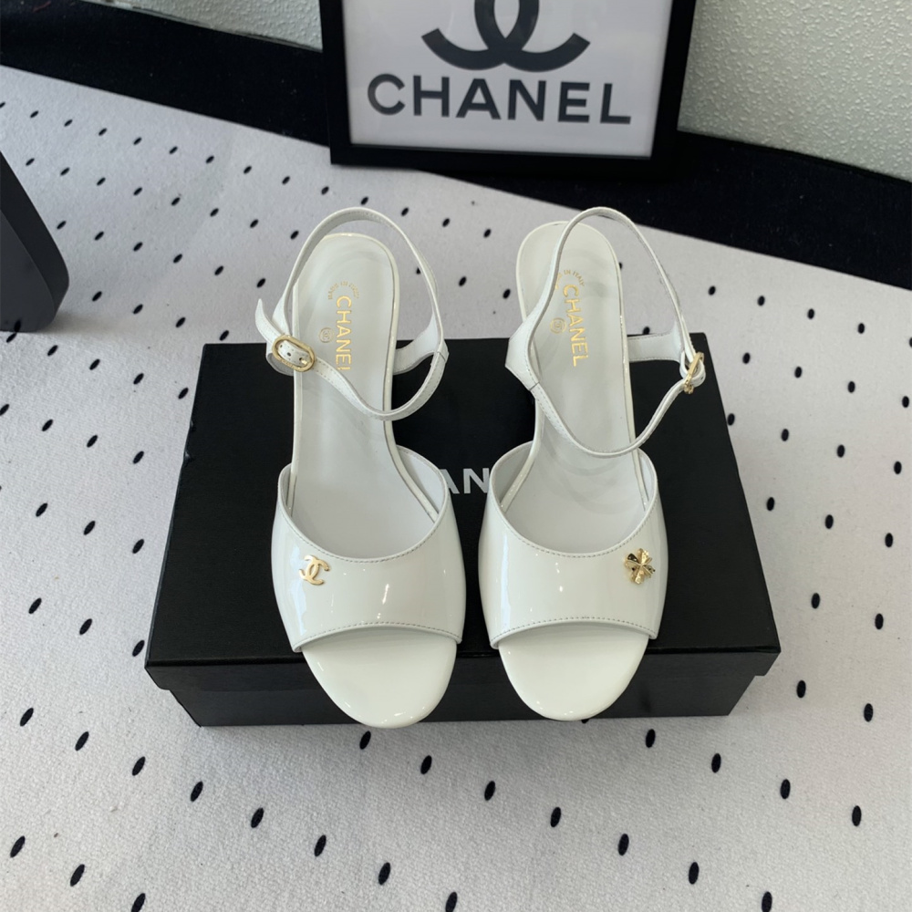 高仿Chanel*G45723A魚嘴高踭鞋漆皮白色5.5CM免檢版