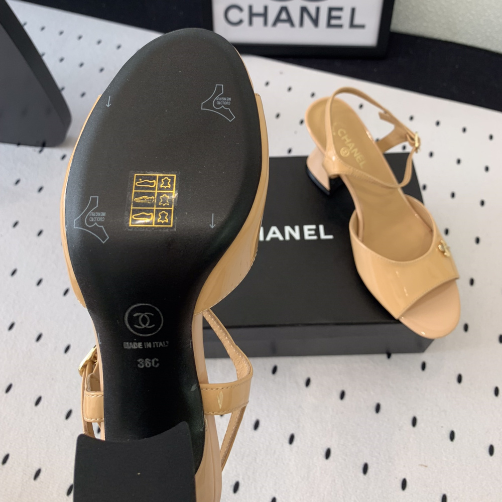 高仿Chanel*G45723C魚嘴高踭鞋漆皮黃色5.5CM免檢版