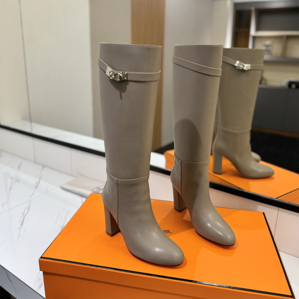 高仿Hermes*H192179ZE5小牛皮高筒靴沙色8.5CM免檢版