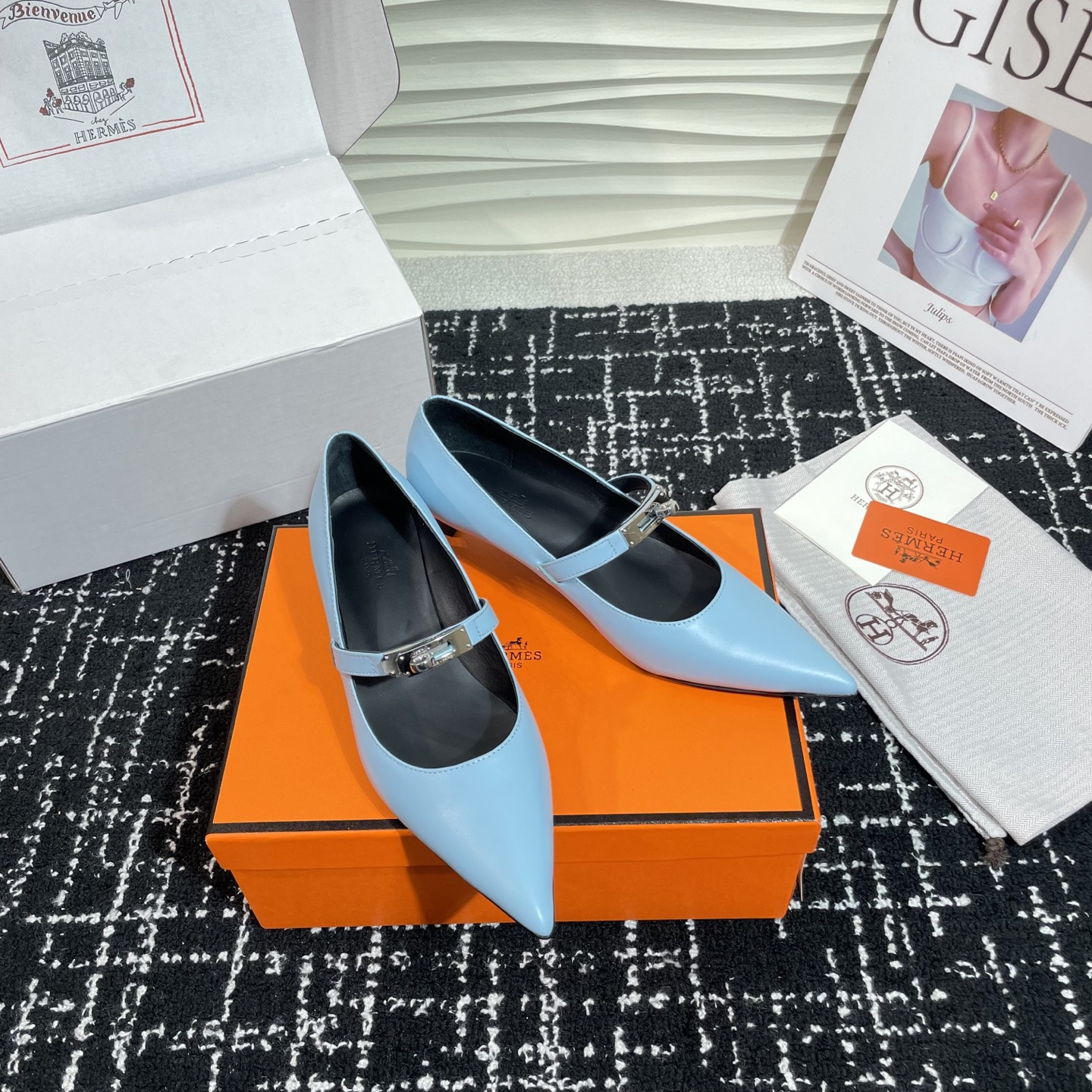 高仿Hermes*Kelly系列H251007Z07小牛皮高踭鞋藍色4CM免檢版