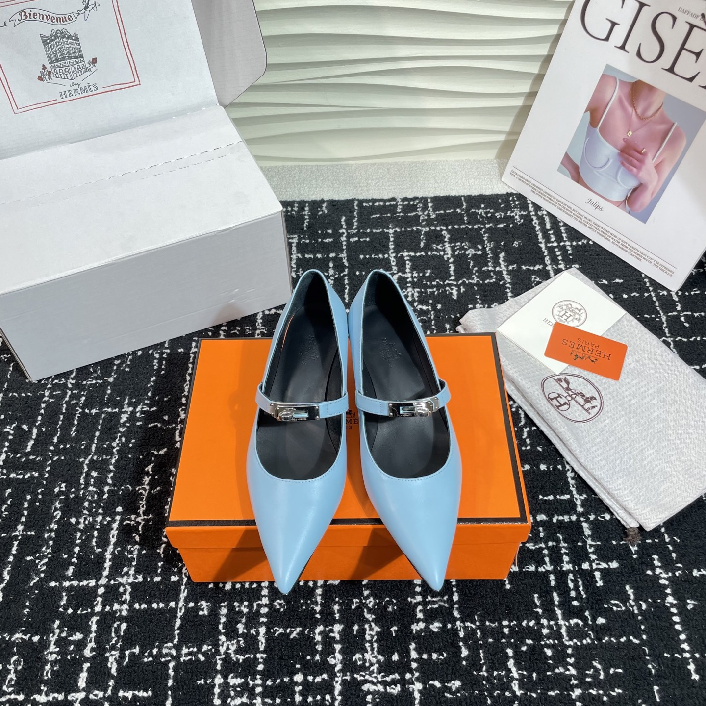 高仿Hermes*Kelly系列H251007Z07小牛皮高踭鞋藍色4CM免檢版