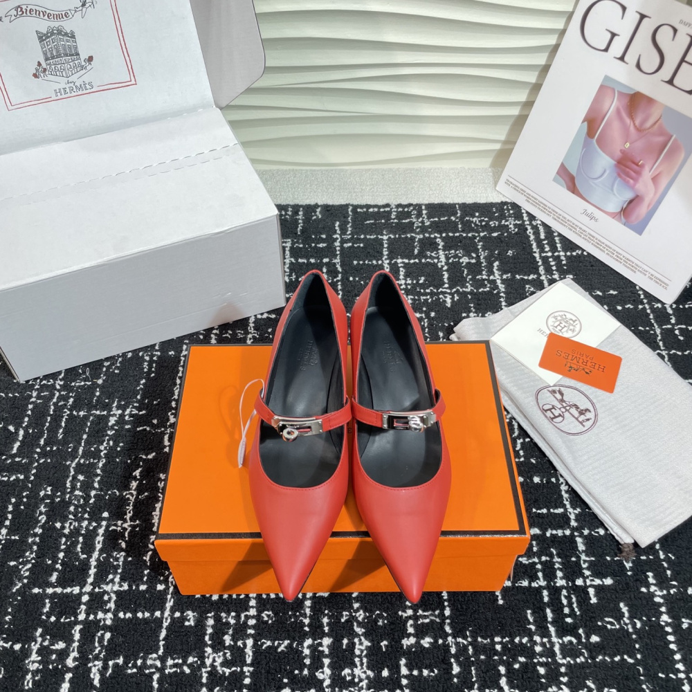 高仿Hermes*Kelly系列H251007Z06小牛皮高踭鞋紅色4CM免檢版