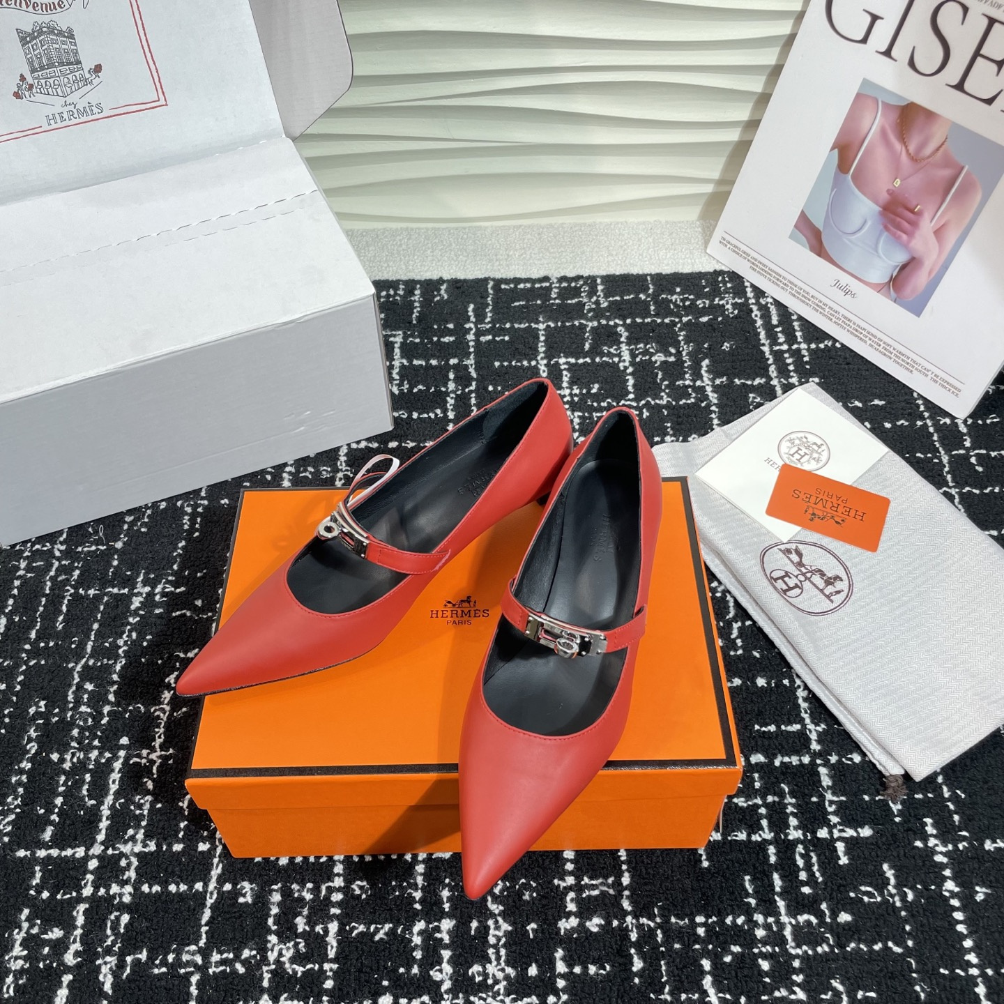 高仿Hermes*Kelly系列H251007Z06小牛皮高踭鞋紅色4CM免檢版