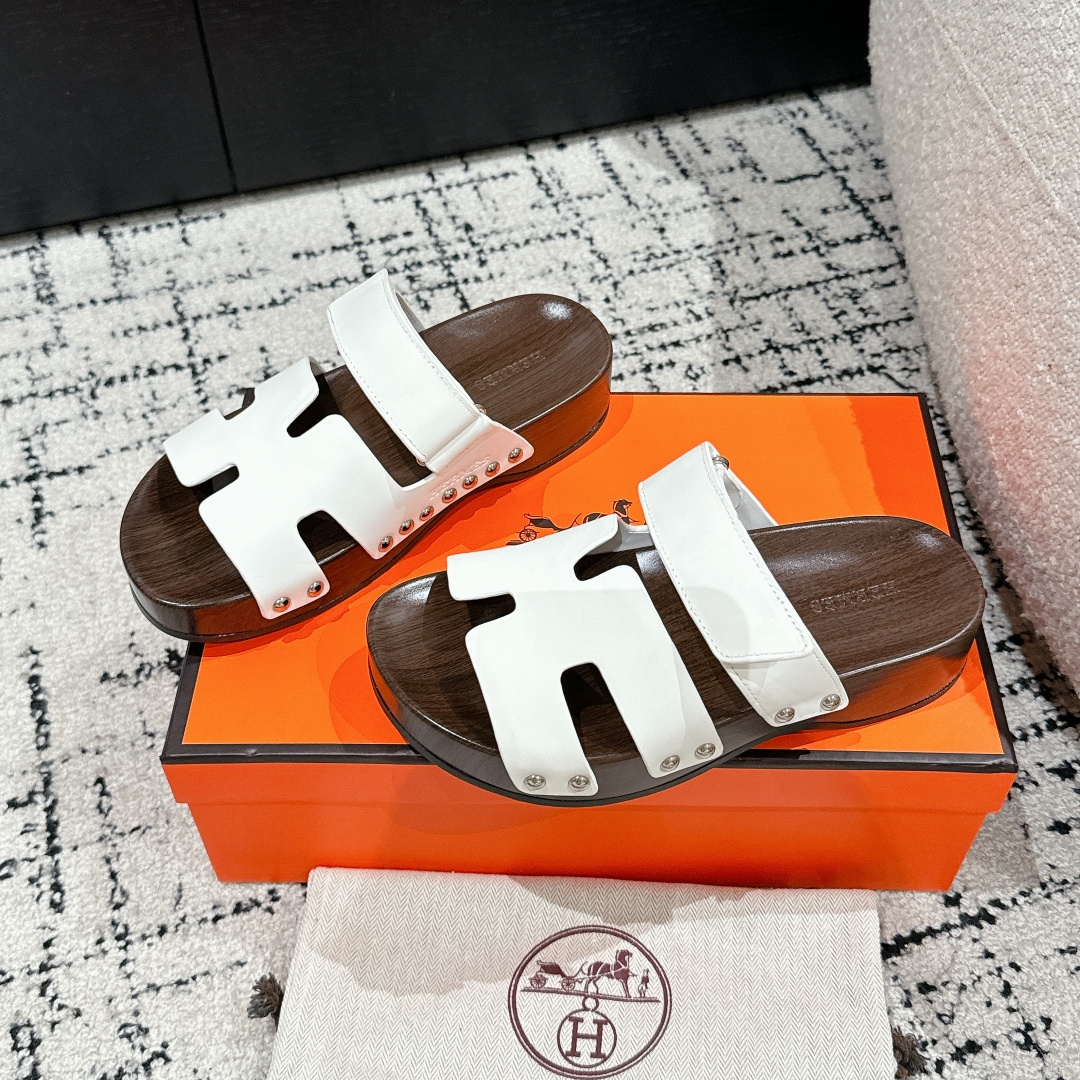 高仿Hermes*Kos系列H251012Z1厚底木質拖鞋白色4CM免檢版