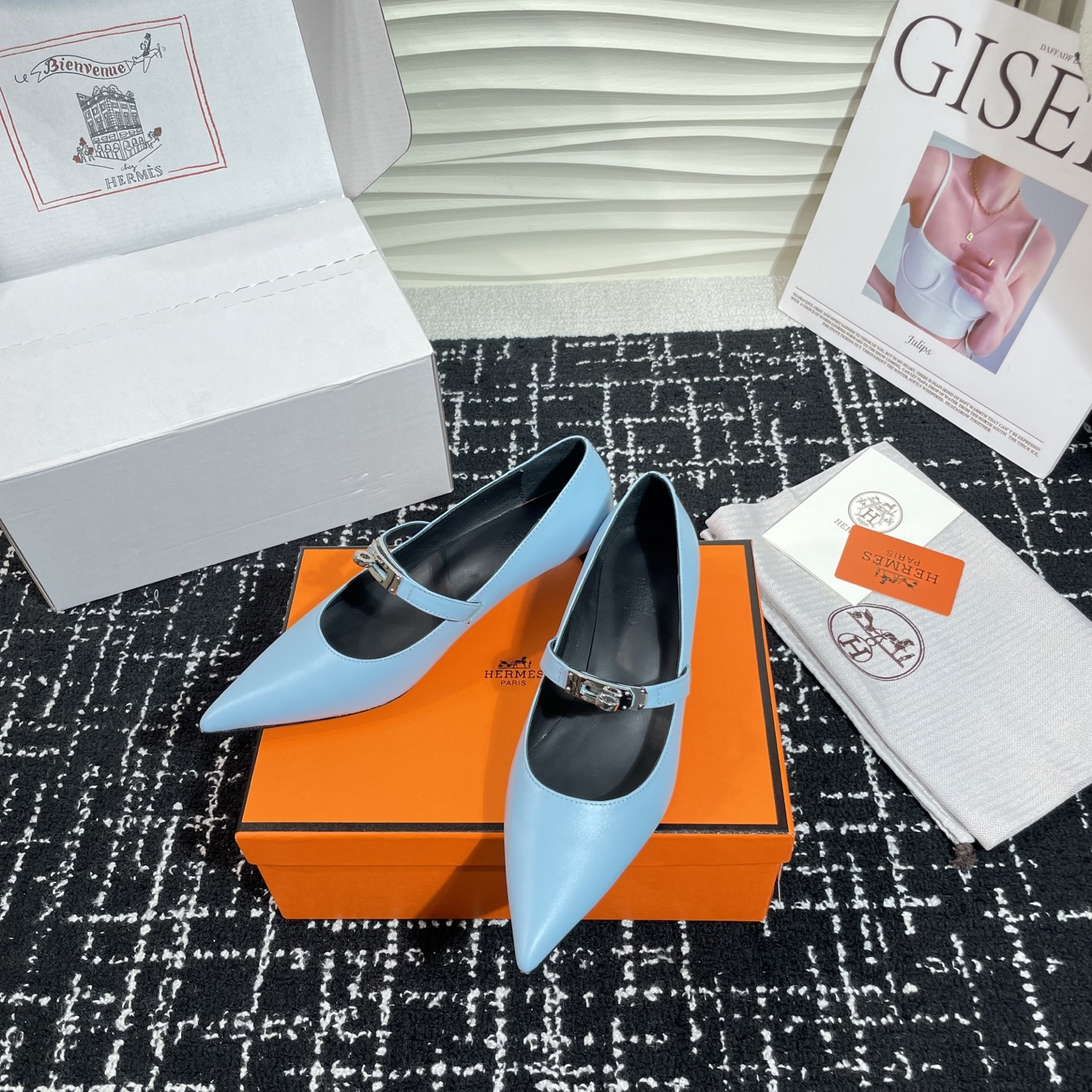 高仿Hermes*Kelly系列H251007Z07小牛皮高踭鞋藍色4CM免檢版