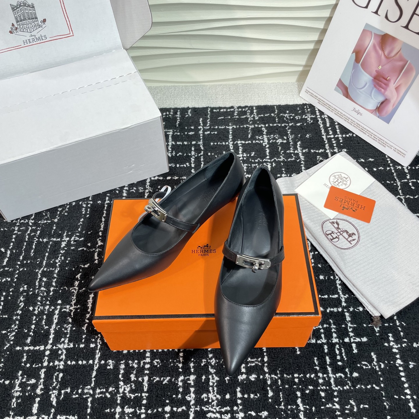高仿Hermes*Kelly系列H251007Z02小牛皮高踭鞋黑色4CM免檢版