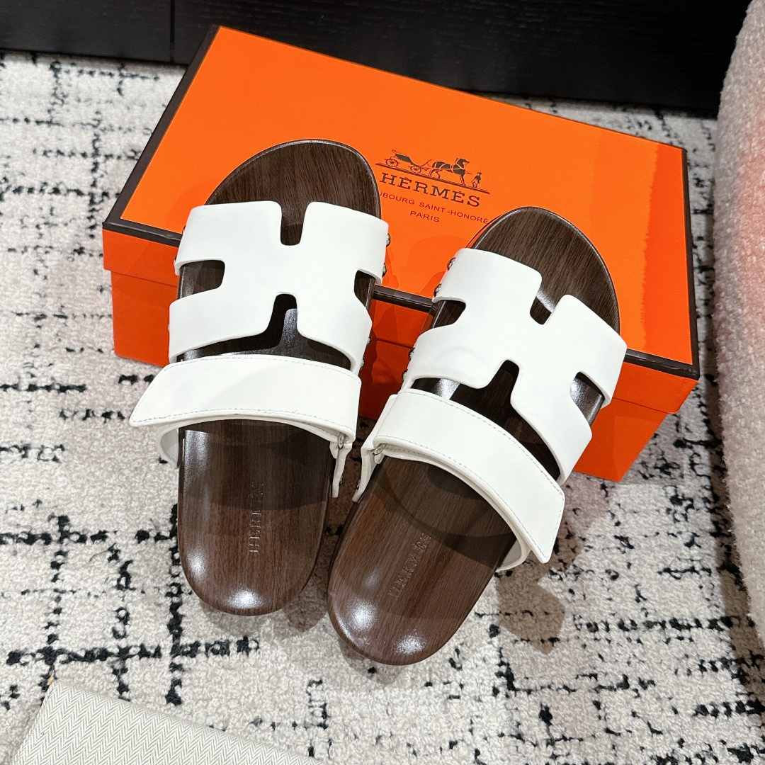 高仿Hermes*Kos系列H251012Z1厚底木質拖鞋白色4CM免檢版