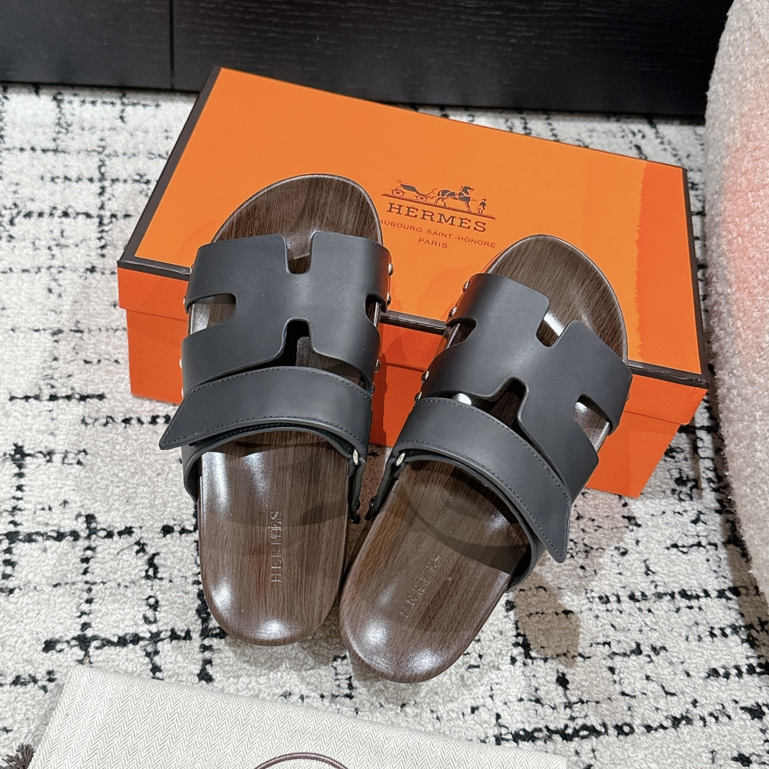 高仿Hermes*Kos系列H251012Z0厚底木質拖鞋黑色4CM免檢版