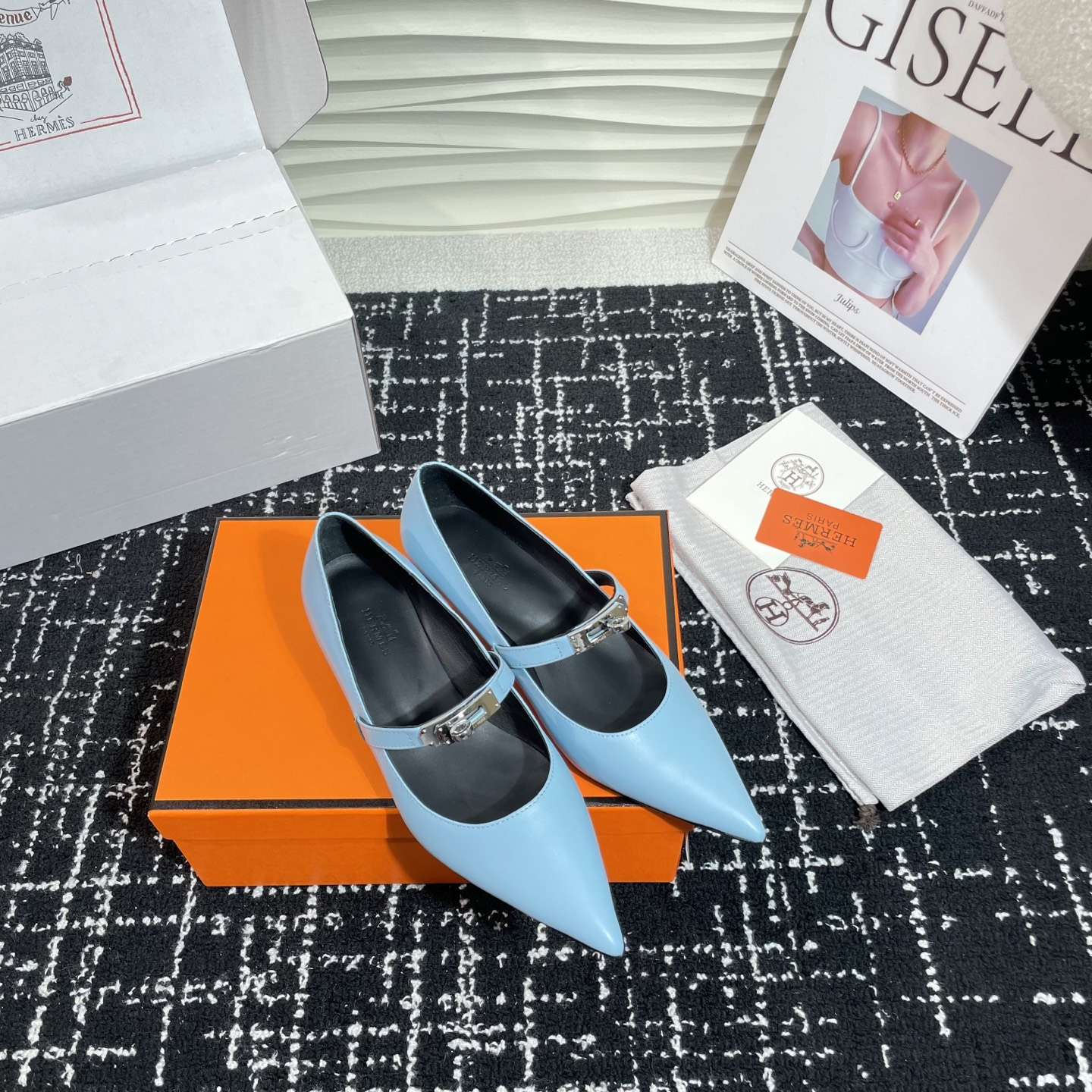 高仿Hermes*Kelly系列H251007Z07小牛皮高踭鞋藍色4CM免檢版