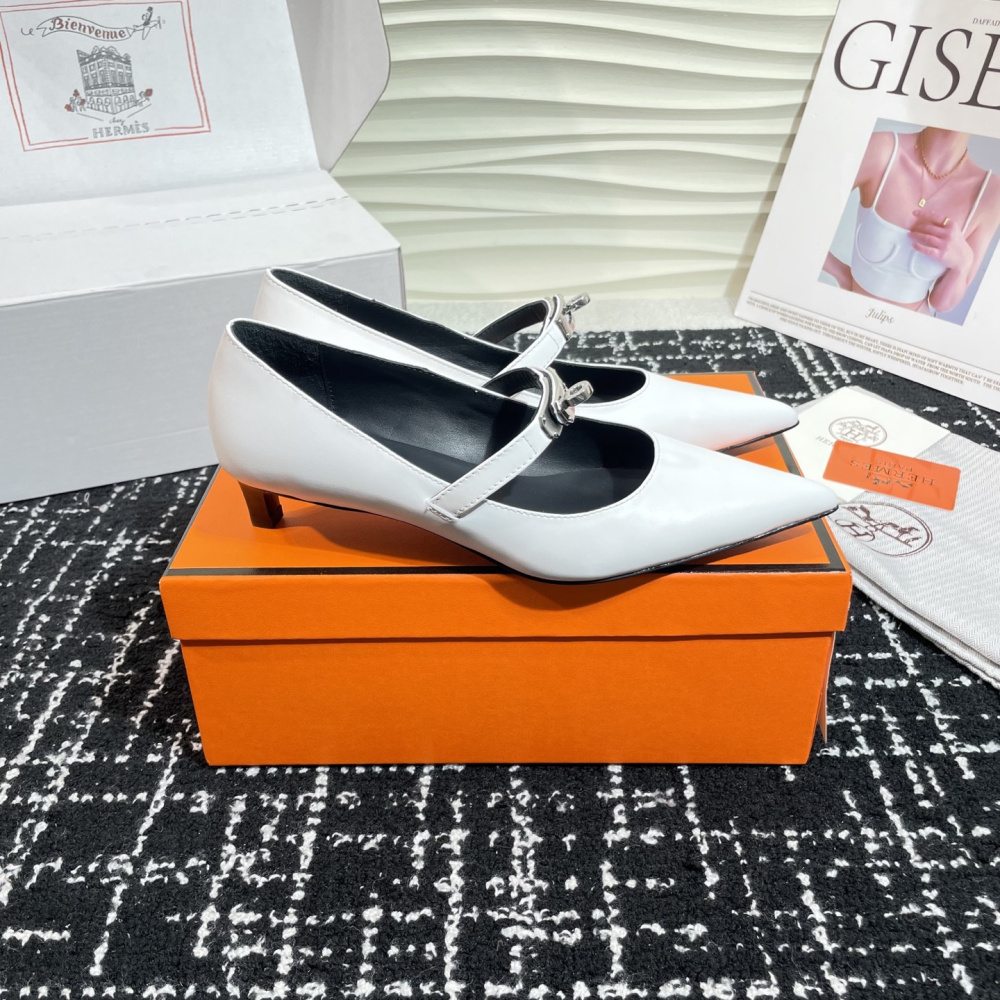 高仿Hermes*Kelly系列H251007Z01小牛皮高踭鞋白色4CM免檢版