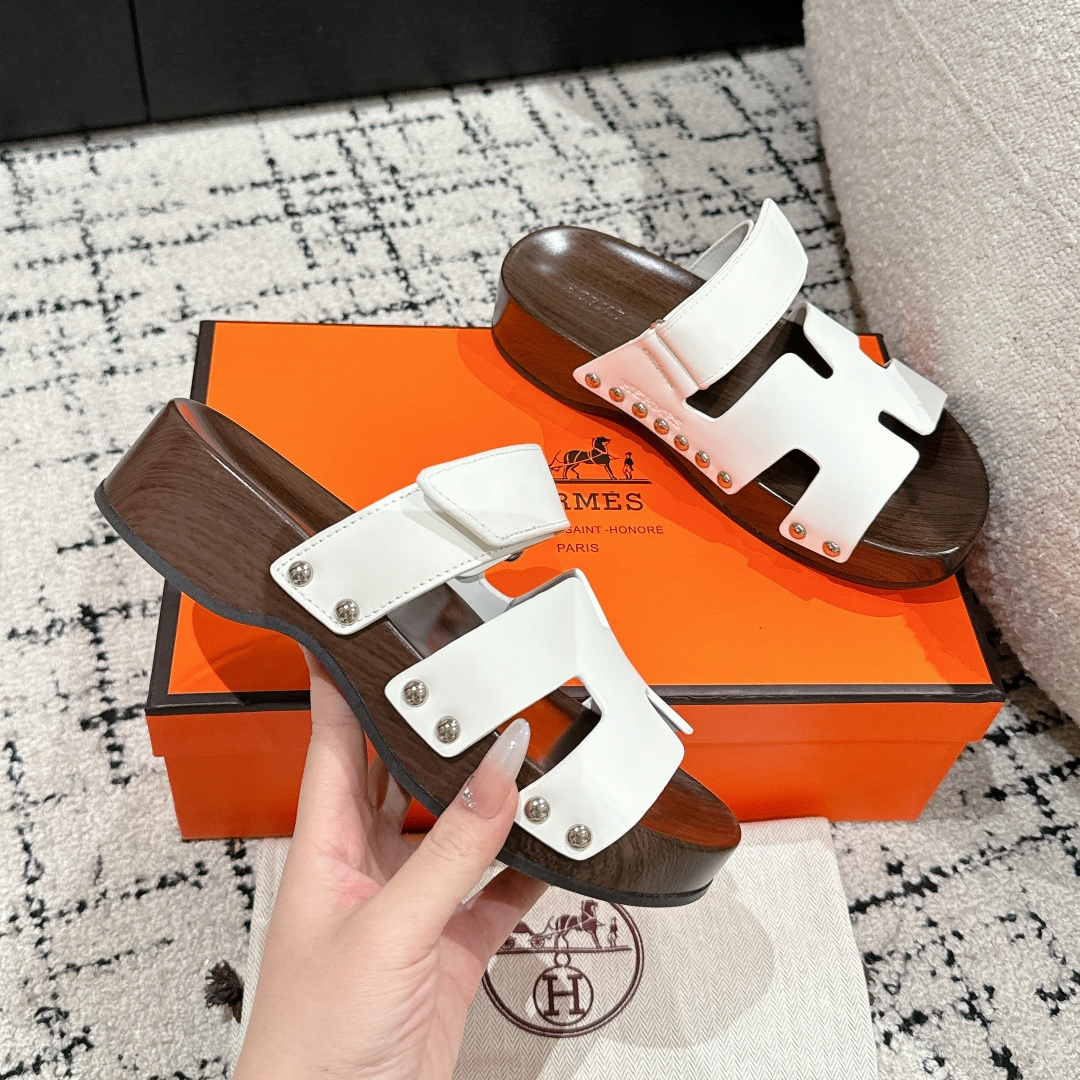 高仿Hermes*Kos系列H251012Z1厚底木質拖鞋白色4CM免檢版