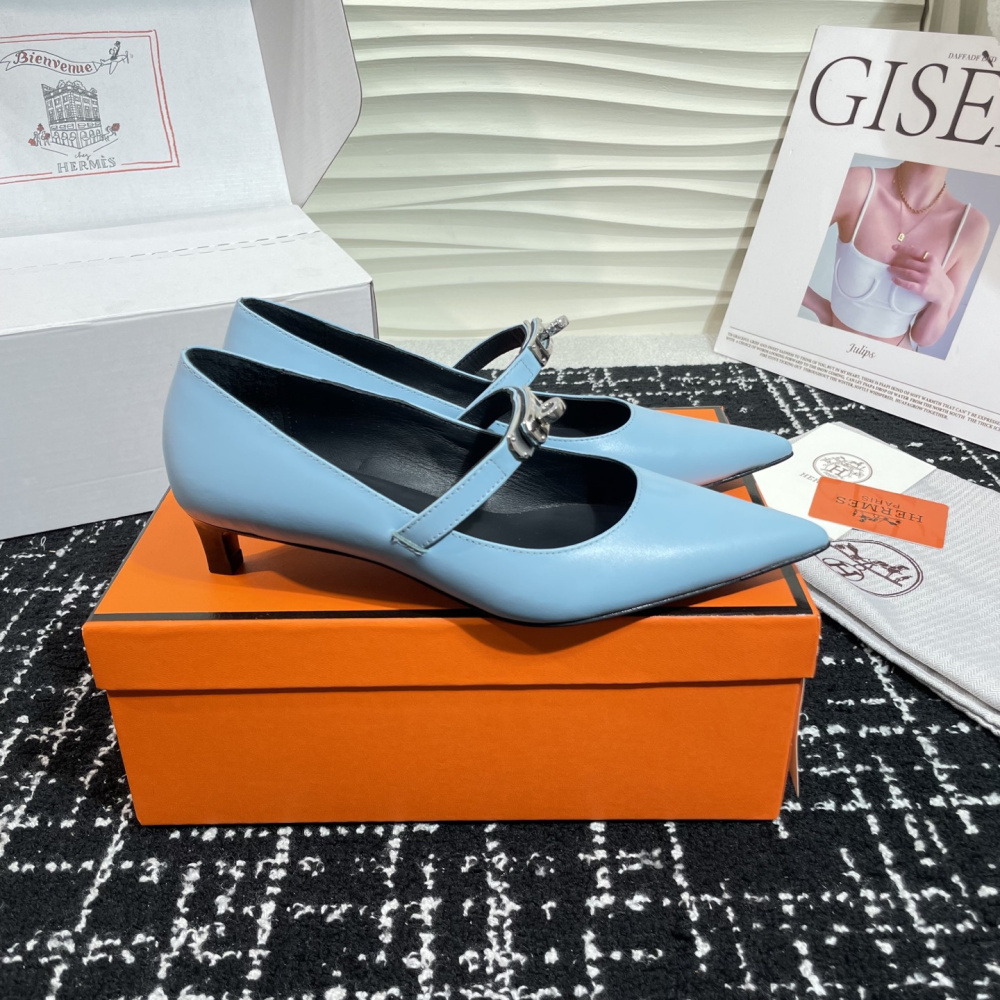 高仿Hermes*Kelly系列H251007Z07小牛皮高踭鞋藍色4CM免檢版