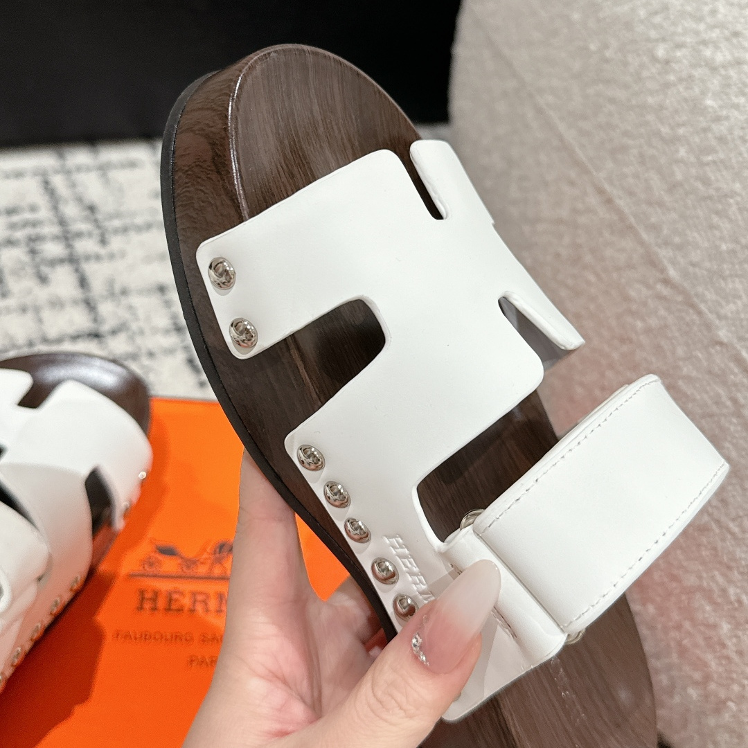高仿Hermes*Kos系列H251012Z1厚底木質拖鞋白色4CM免檢版