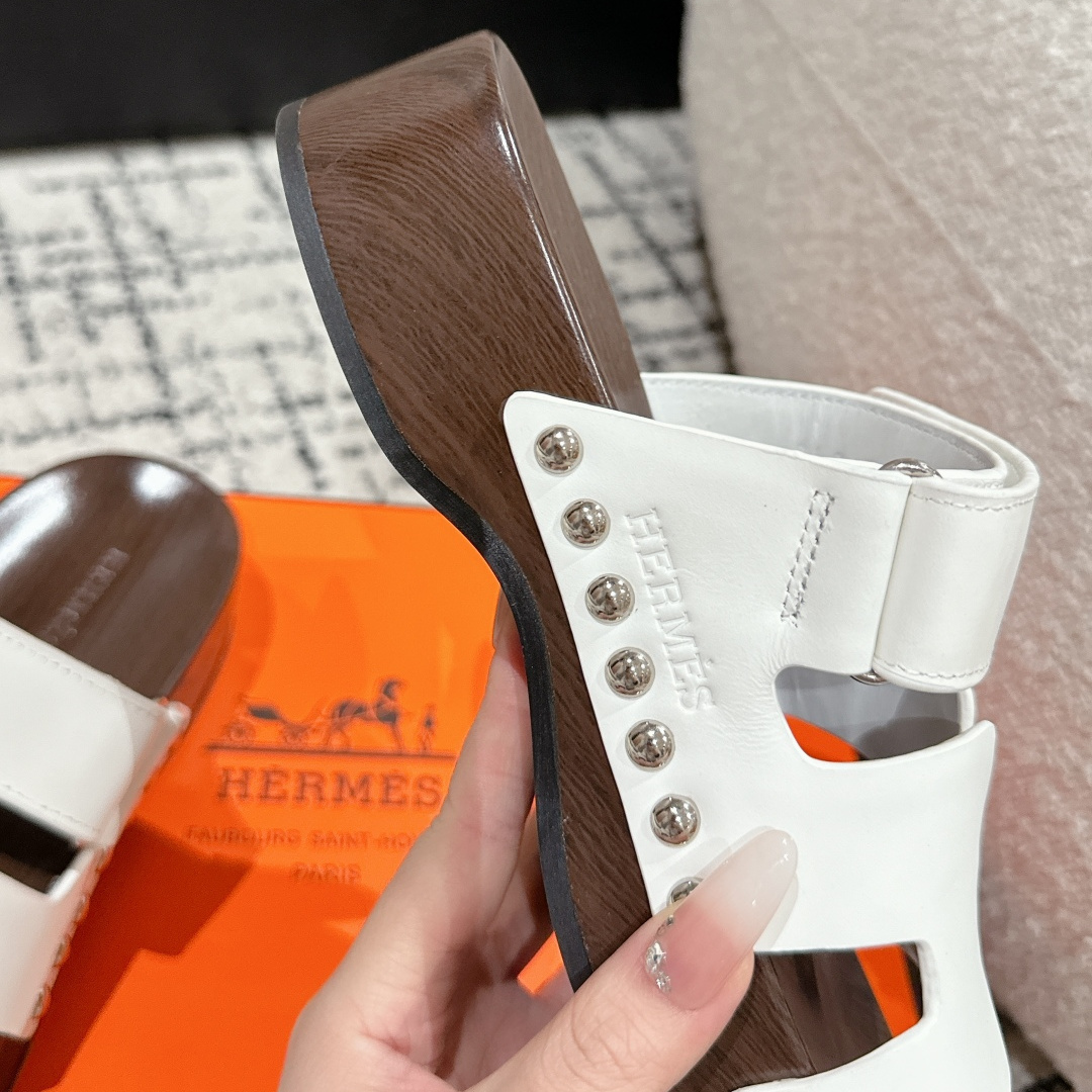 高仿Hermes*Kos系列H251012Z1厚底木質拖鞋白色4CM免檢版