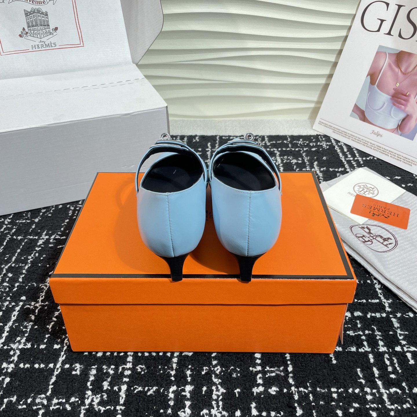 高仿Hermes*Kelly系列H251007Z07小牛皮高踭鞋藍色4CM免檢版